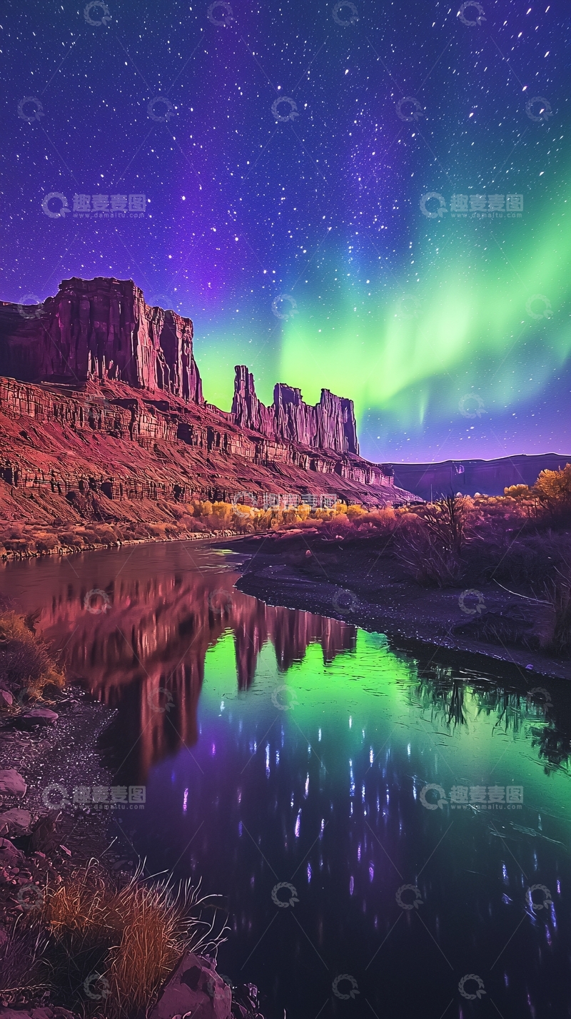 高清大图下载【趣麦麦图】极光下的峡谷夜景