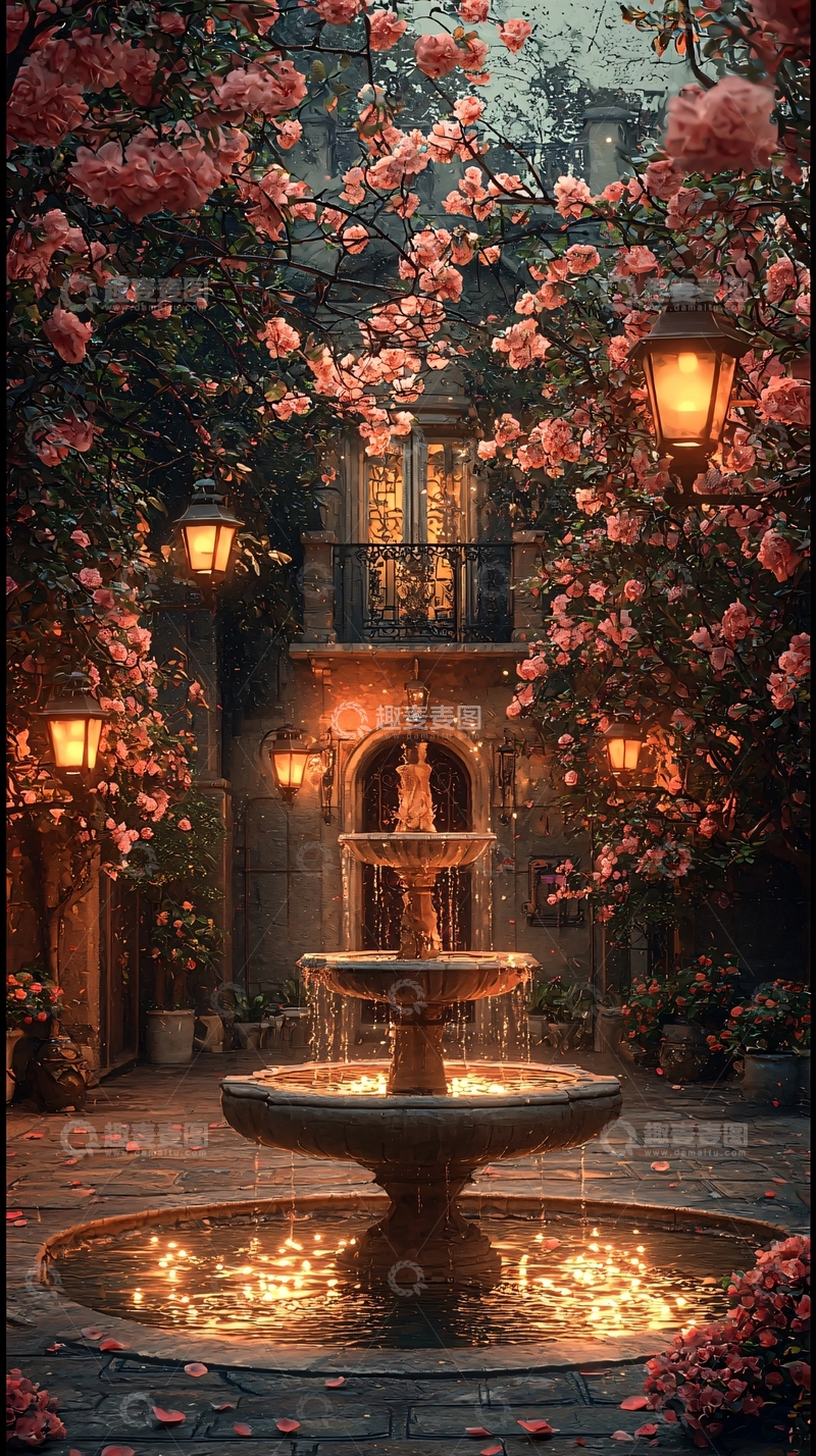 高清大图下载【趣麦麦图】夜晚庭院喷泉粉色花朵