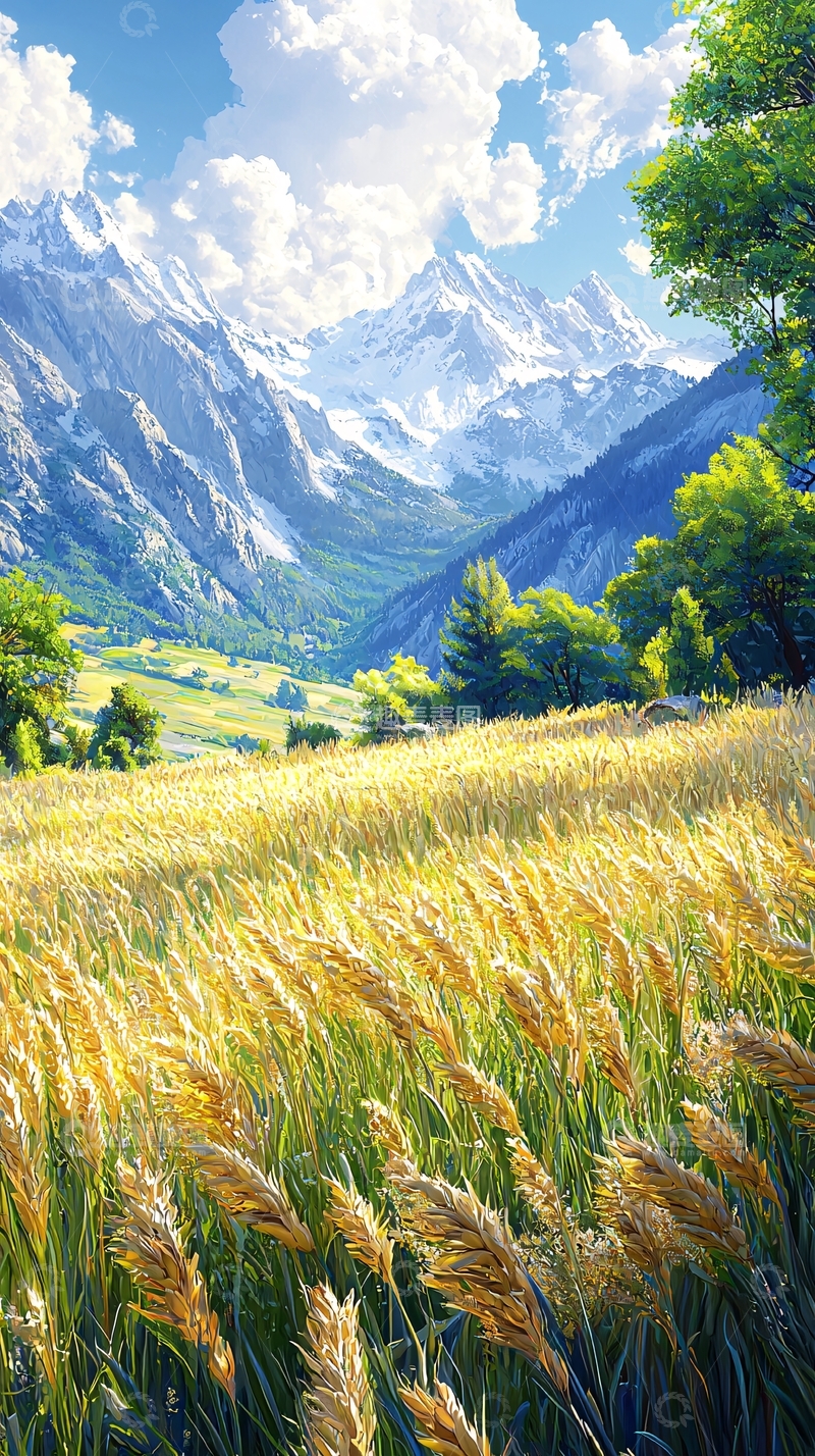 高清大图下载【趣麦麦图】金色麦田雪山背景
