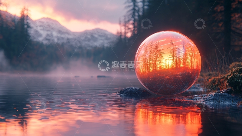 高清大图下载【趣麦麦图】奇幻玻璃球反射夕阳雪山