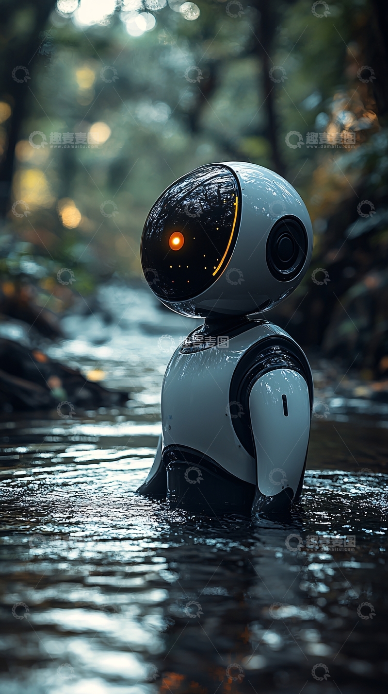 高清大图下载【趣麦麦图】小机器人涉水森林