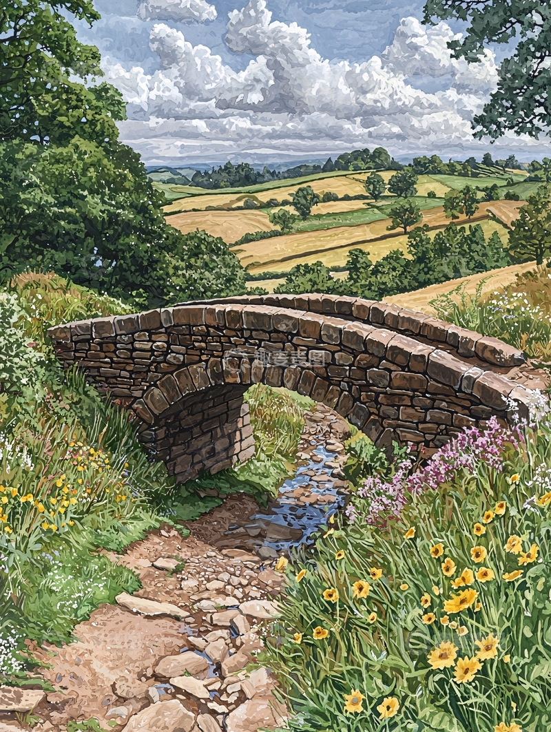 高清大图下载【趣麦麦图】田园风光石桥小溪