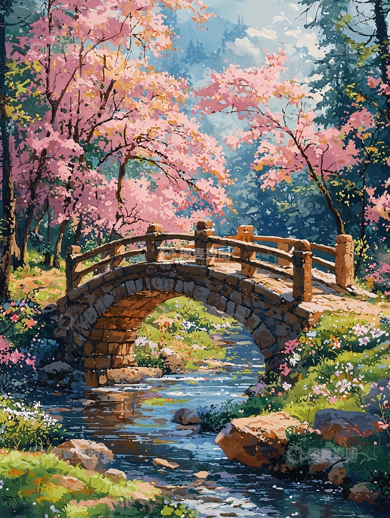 高清大图下载【趣麦麦图】粉色花树小桥流水