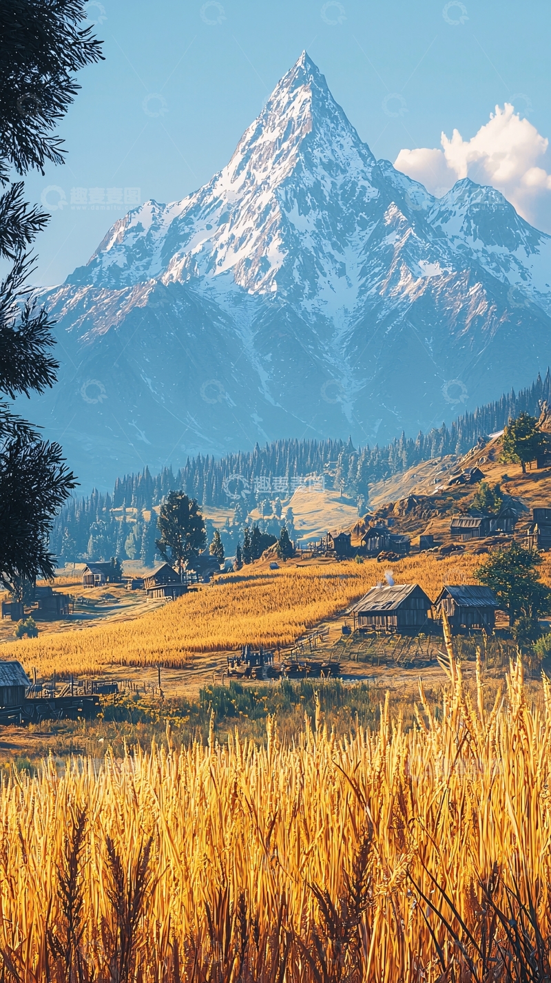 高清大图下载【趣麦麦图】雪山下的金黄麦田