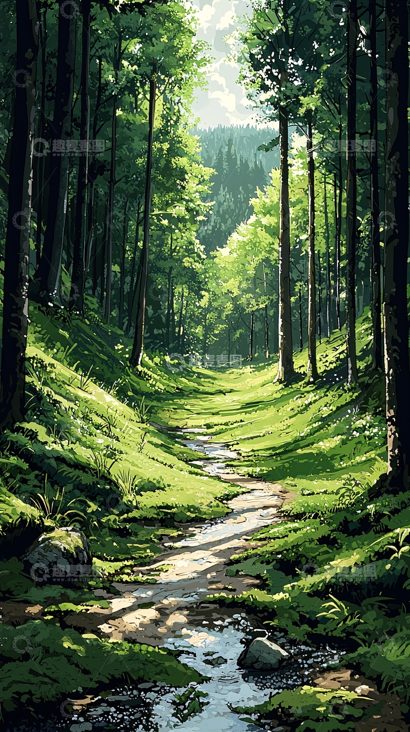 高清大图下载【趣麦麦图】葱郁森林小径流水潺潺