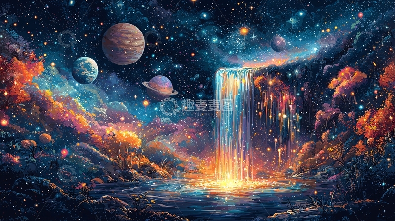 高清大图下载【趣麦麦图】宇宙星空瀑布奇幻场景