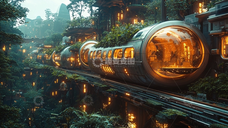 高清大图下载【趣麦麦图】未来科技感森林列车