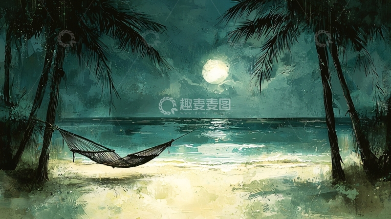 高清大图下载【趣麦麦图】月夜海边吊床休闲氛围