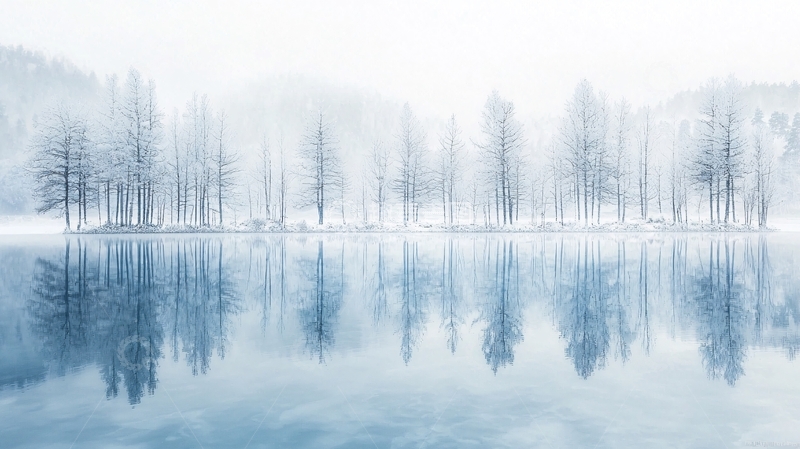 高清大图下载【趣麦麦图】雾气朦胧的湖面树影