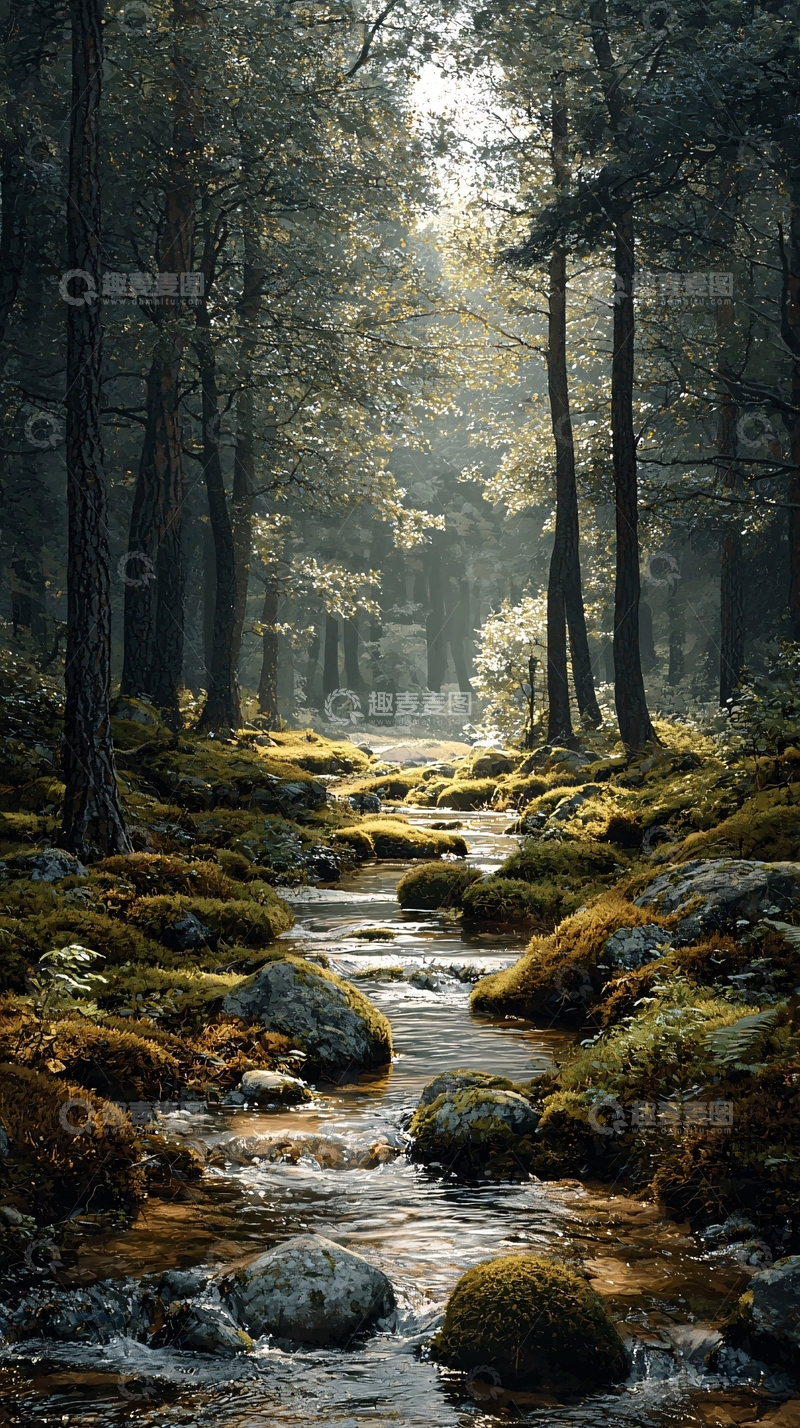 高清大图下载【趣麦麦图】森林溪流阳光