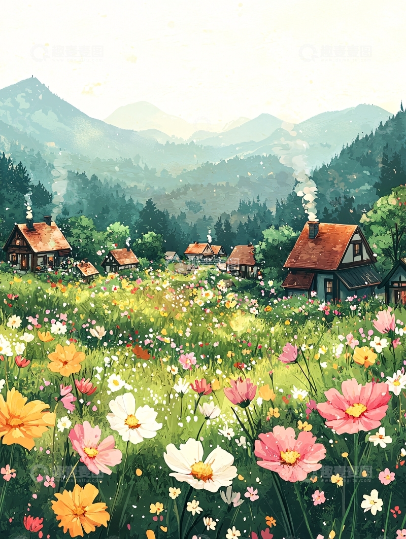 高清大图下载【趣麦麦图】山间花海小村庄