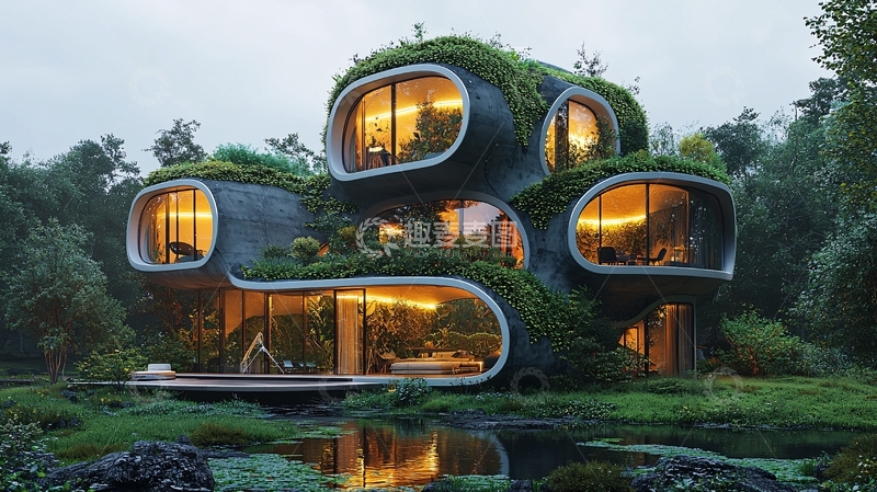 高清大图下载【趣麦麦图】绿植覆盖的未来感建筑