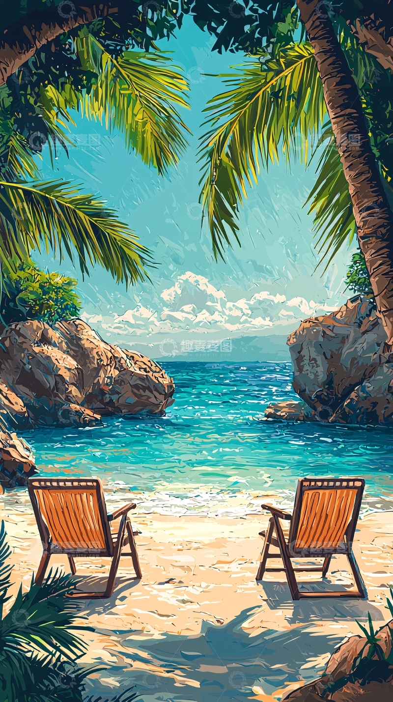高清大图下载【趣麦麦图】海边沙滩两把椅子