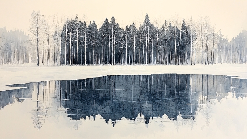 高清大图下载【趣麦麦图】冬季森林湖泊倒影