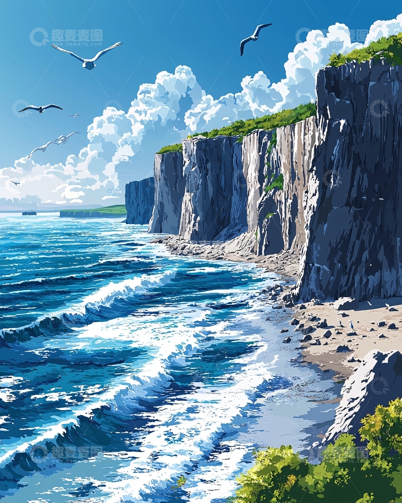 高清大图下载【趣麦麦图】海边悬崖峭壁风景画