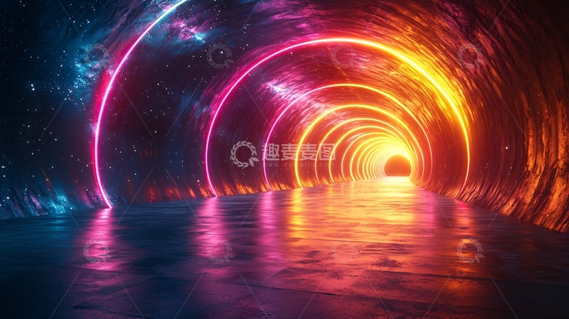 高清大图下载【趣麦麦图】炫彩光环环绕的隧道