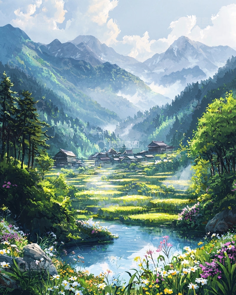 高清大图下载【趣麦麦图】翠绿山间田园风光