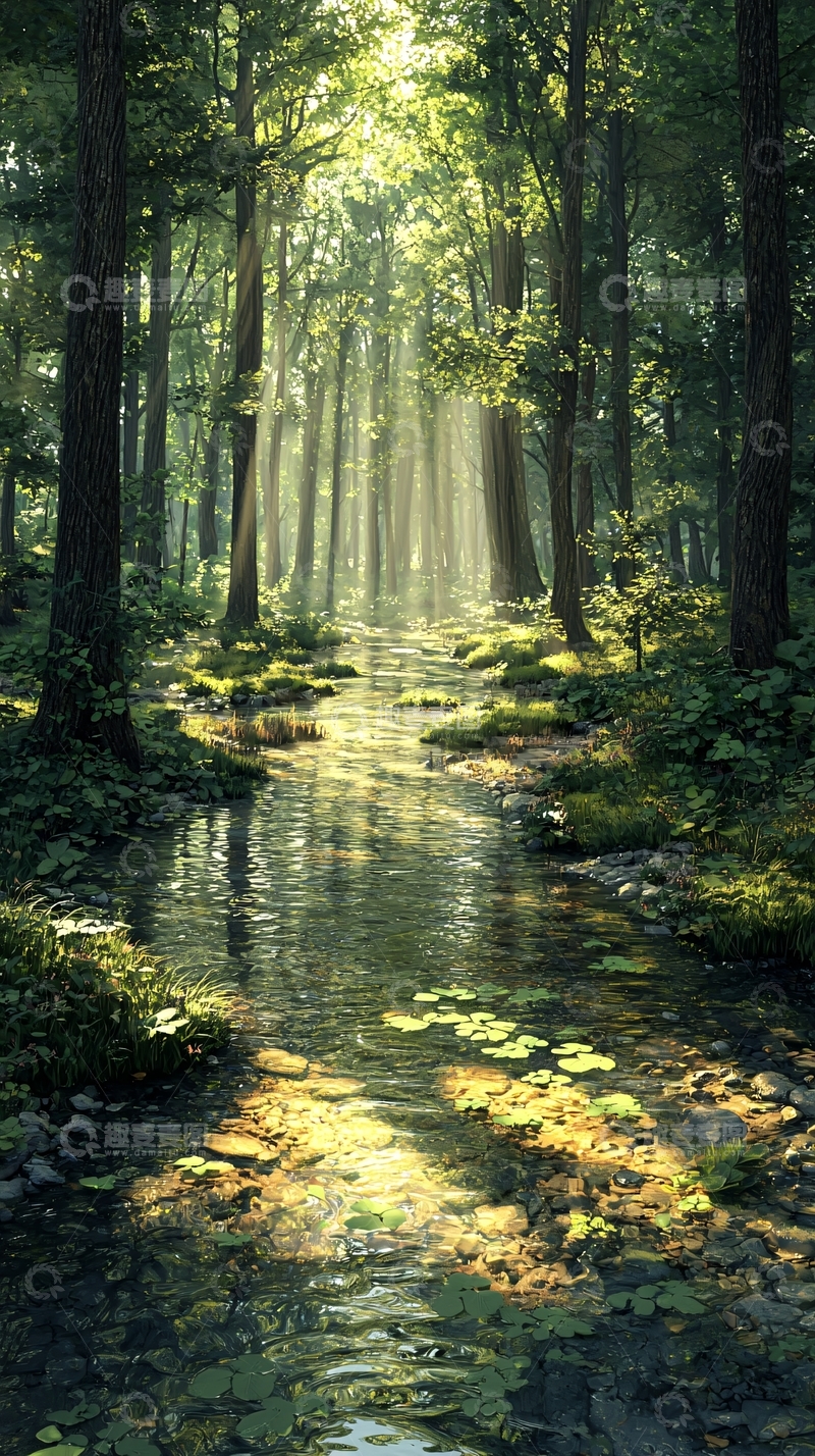 高清大图下载【趣麦麦图】森林小溪阳光