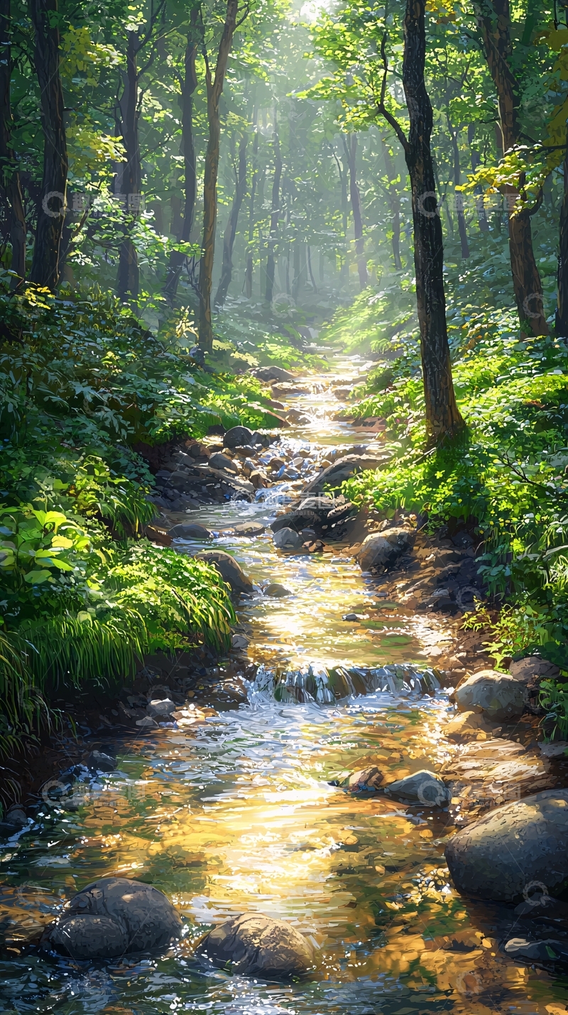 高清大图下载【趣麦麦图】阳光透过树林的小溪