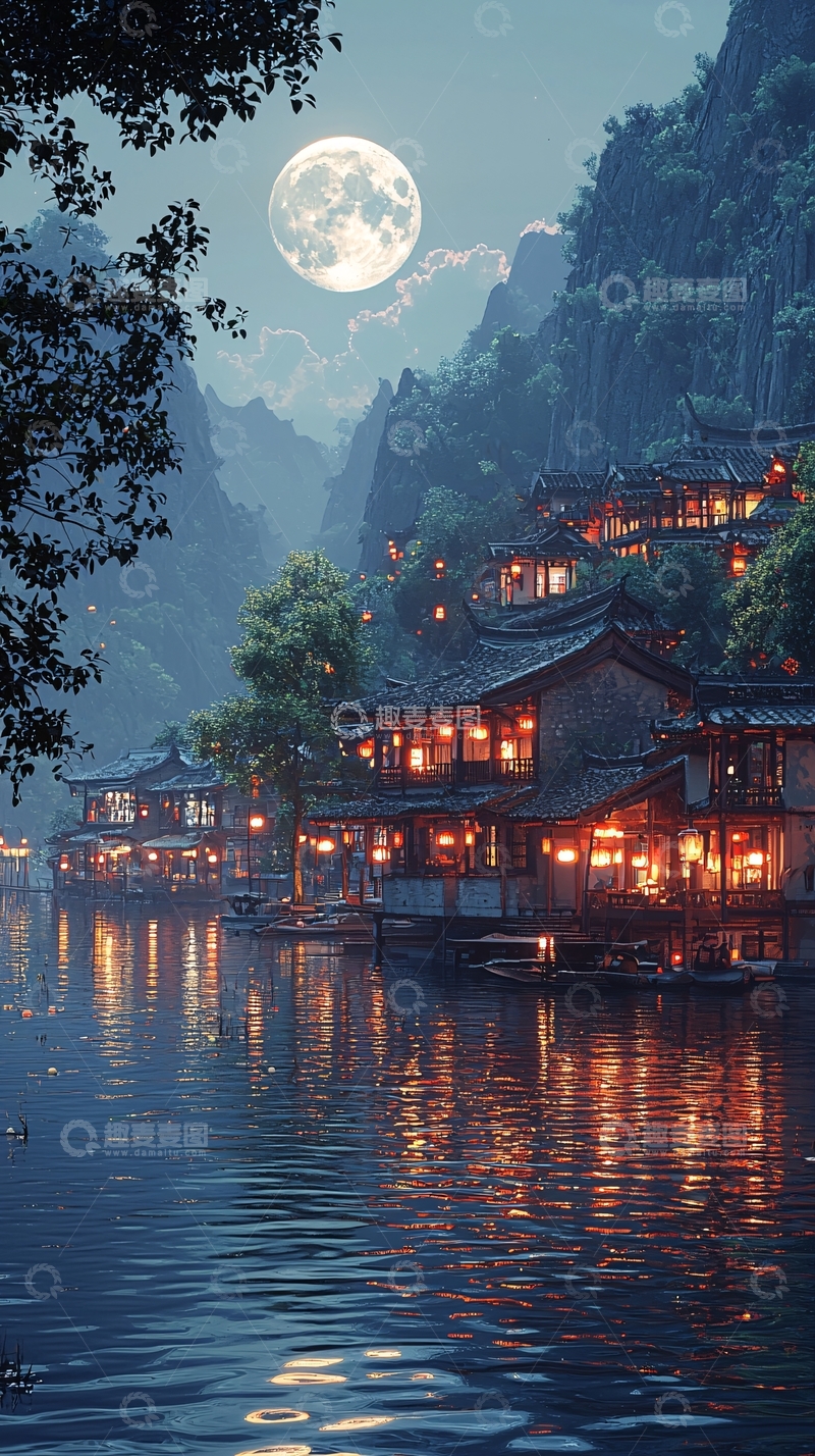 高清大图下载【趣麦麦图】月夜古镇