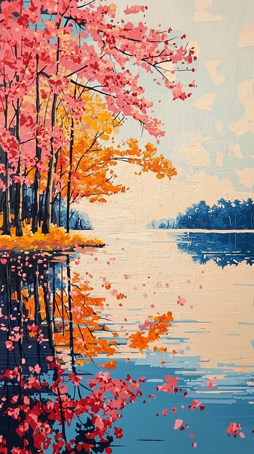 湖畔粉色树木的倒影