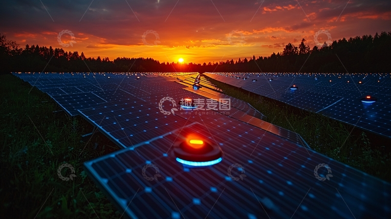 高清大图下载【趣麦麦图】夕阳西下太阳能电池板