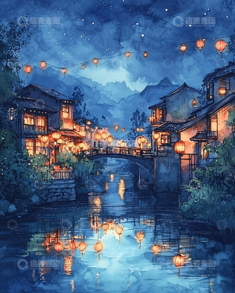 高清大图下载【趣麦麦图】水墨风小镇夜景灯笼