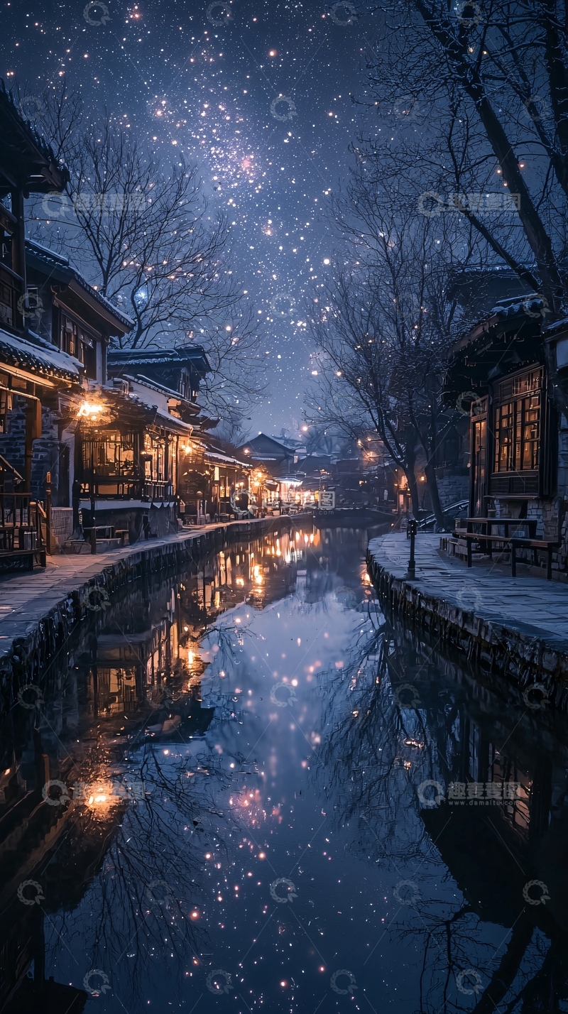 高清大图下载【趣麦麦图】冬夜古镇雪景