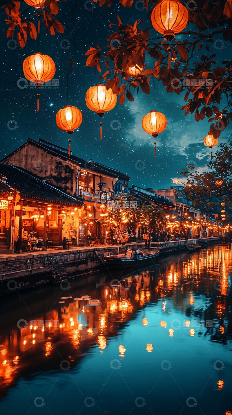 高清大图下载【趣麦麦图】夜幕下灯笼高挂的古镇