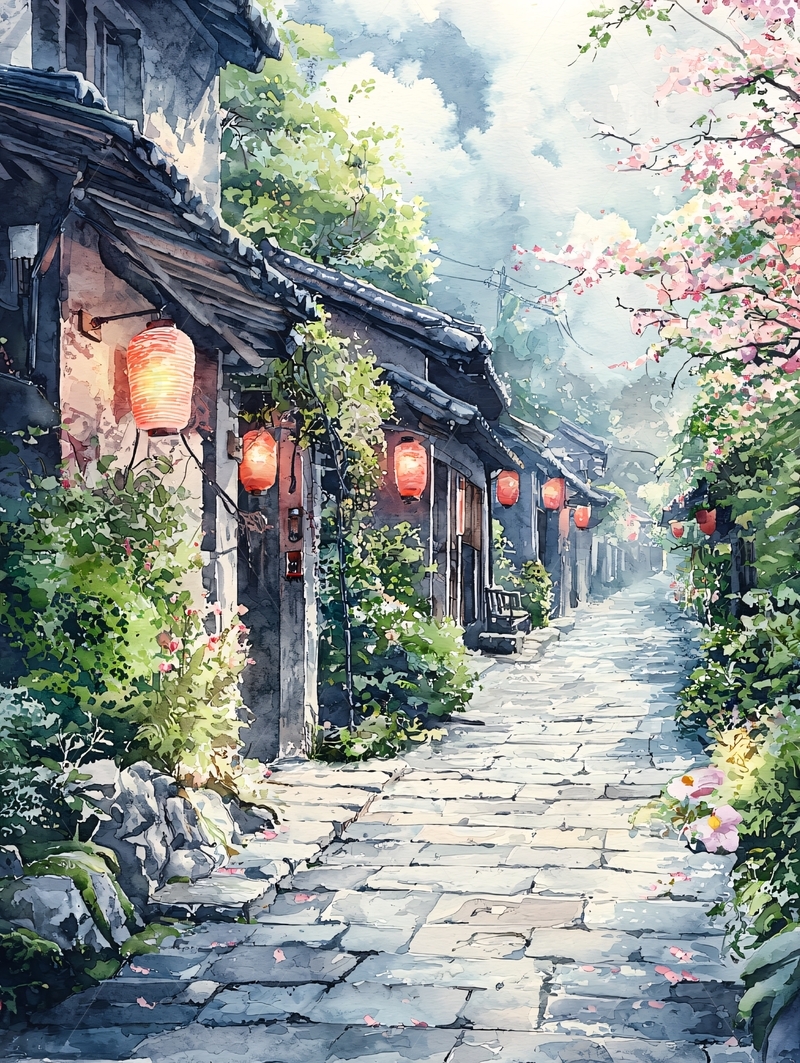 高清大图下载【趣麦麦图】水墨画风格古镇街道