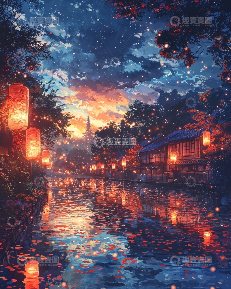高清大图下载【趣麦麦图】夜晚河边灯笼景色
