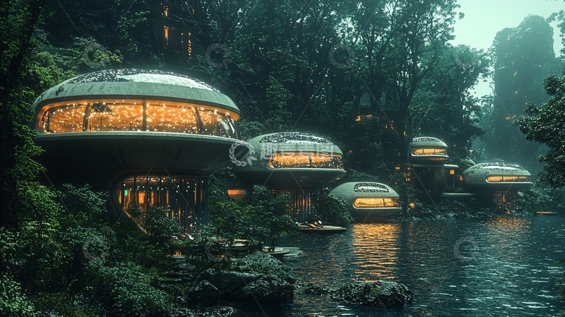 高清大图下载【趣麦麦图】雨林河边未来建筑群