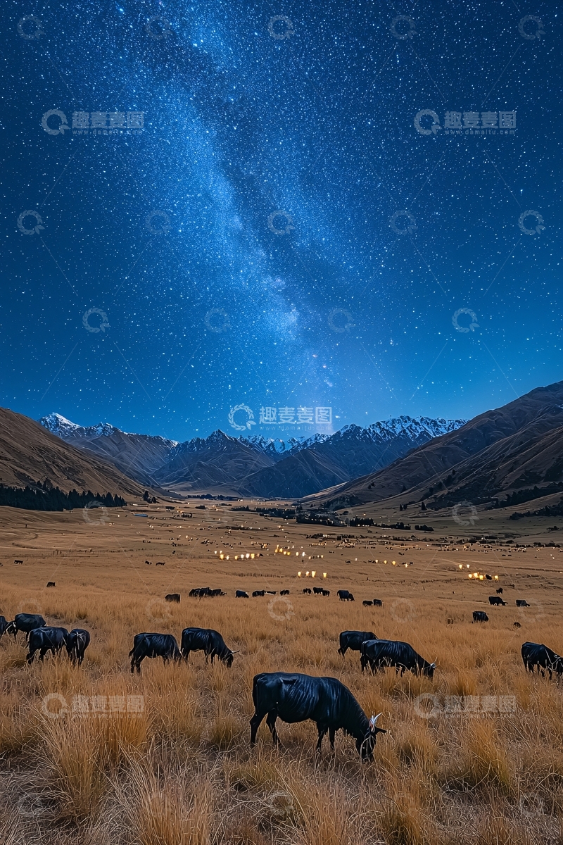 高清大图下载【趣麦麦图】星空下的牛群