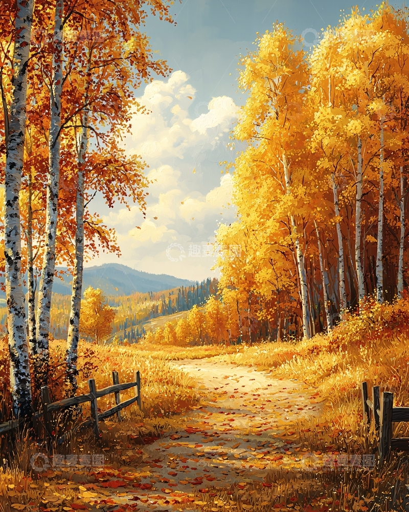 高清大图下载【趣麦麦图】秋日金色桦树林小路