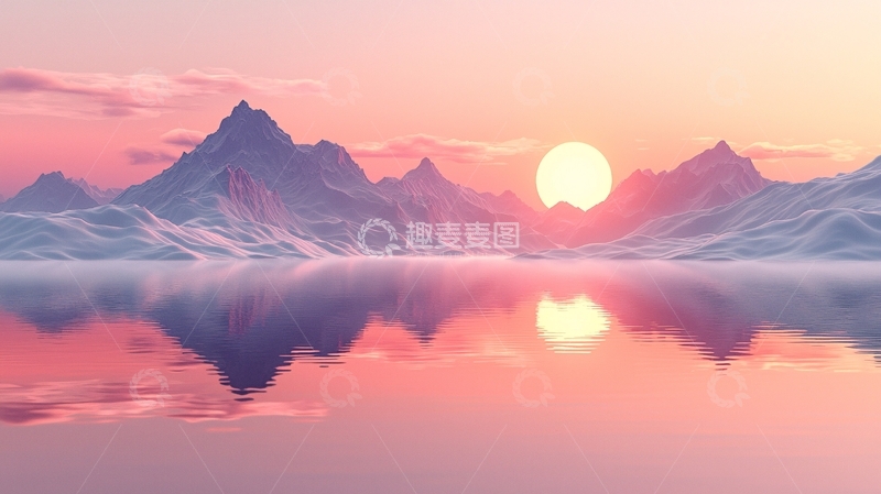 高清大图下载【趣麦麦图】粉红色日出雪山湖泊倒影