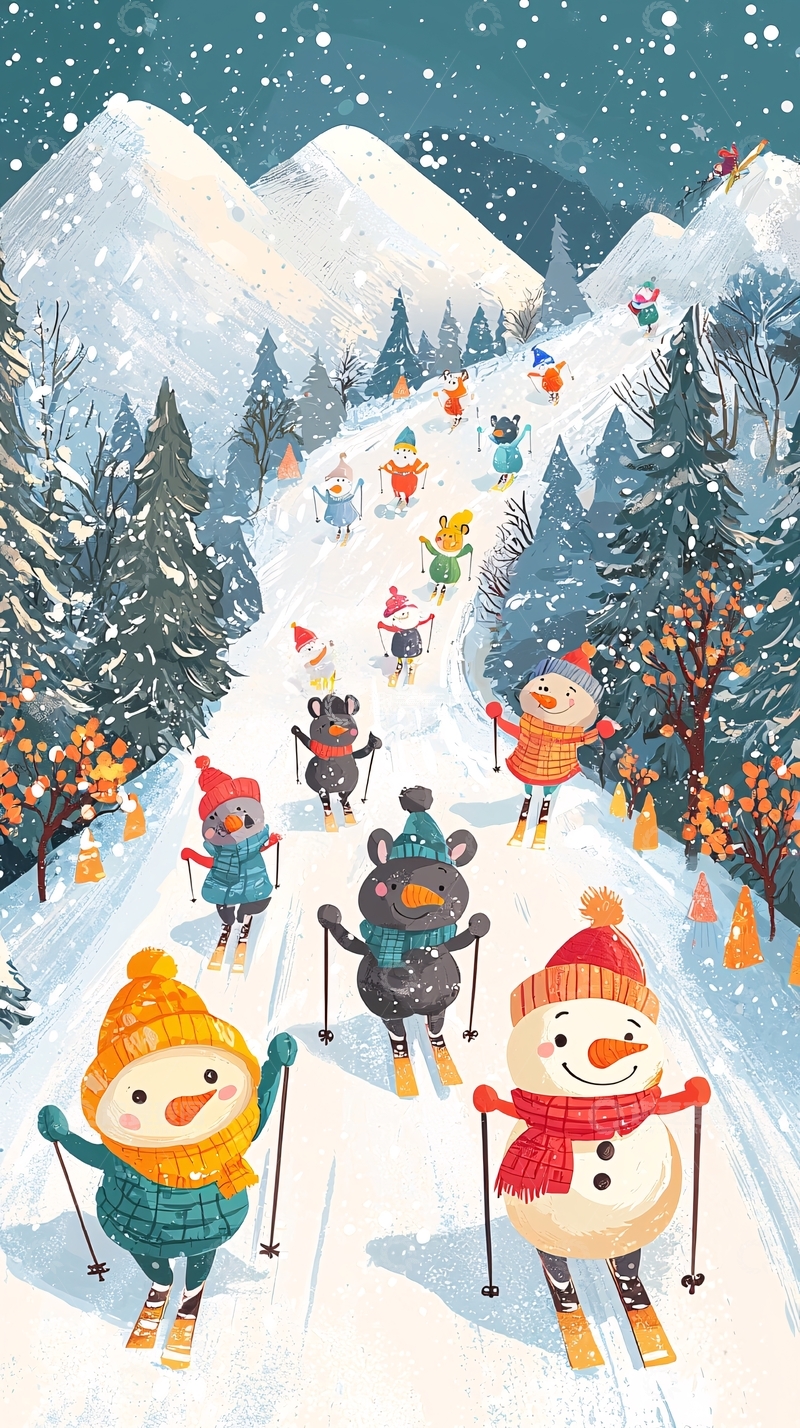 高清大图下载【趣麦麦图】雪山滑雪卡通动物