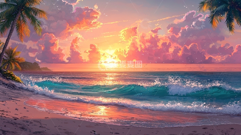 高清大图下载【趣麦麦图】海滩日落椰树风景