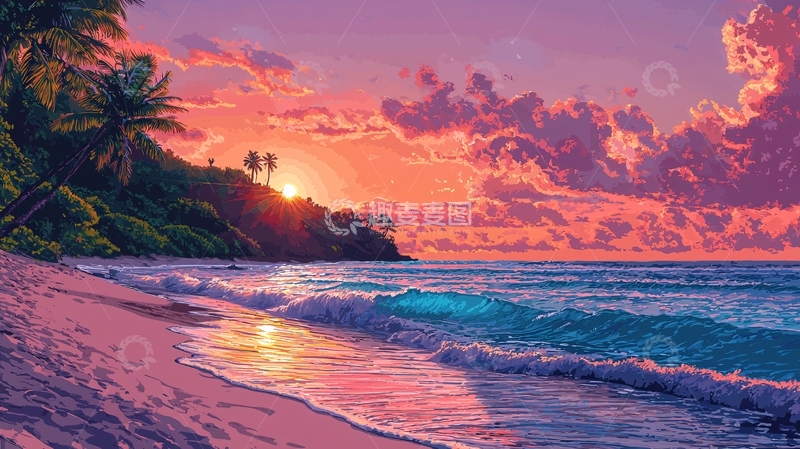 高清大图下载【趣麦麦图】热带海滩落日余晖
