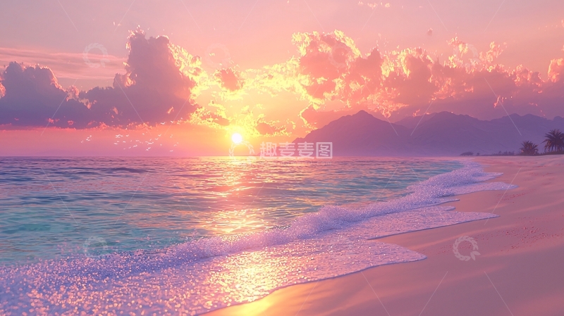 高清大图下载【趣麦麦图】粉色系日落海滩风景