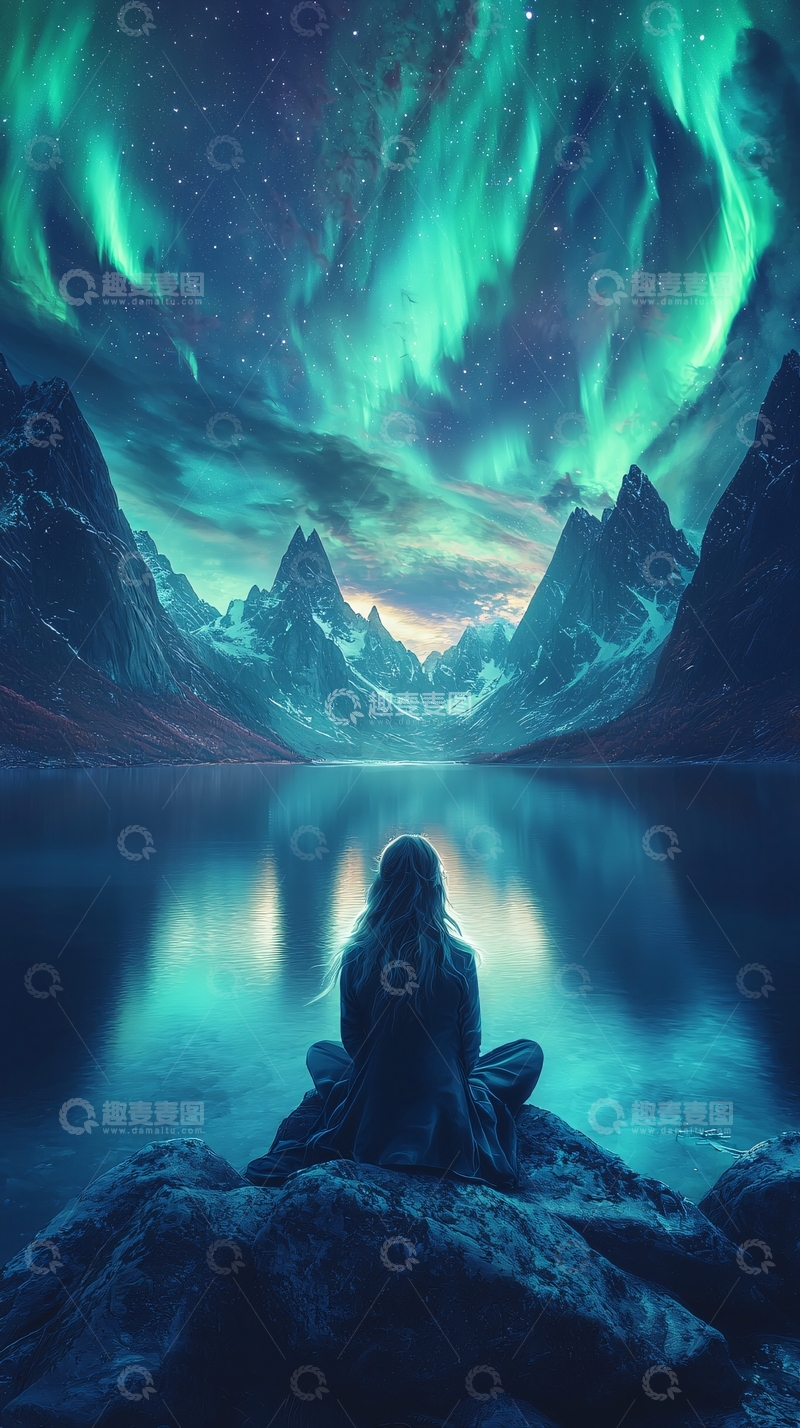 高清大图下载【趣麦麦图】极光下的宁静山湖