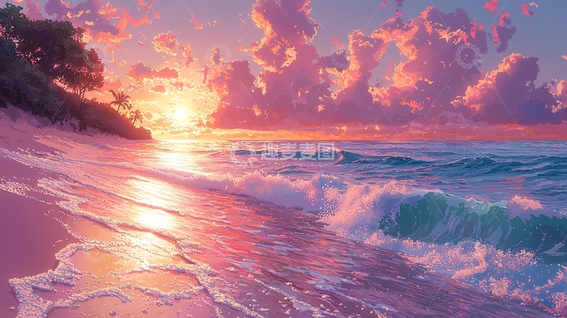 高清大图下载【趣麦麦图】粉色海滩日落