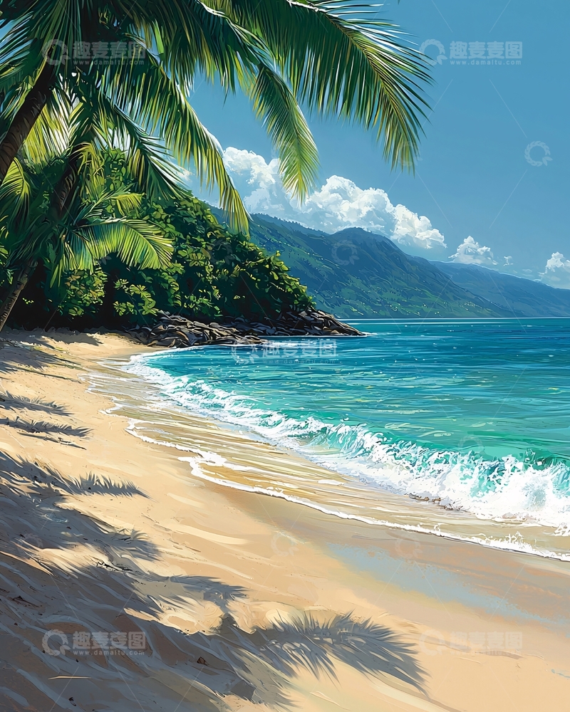 高清大图下载【趣麦麦图】热带海滩椰树风景画