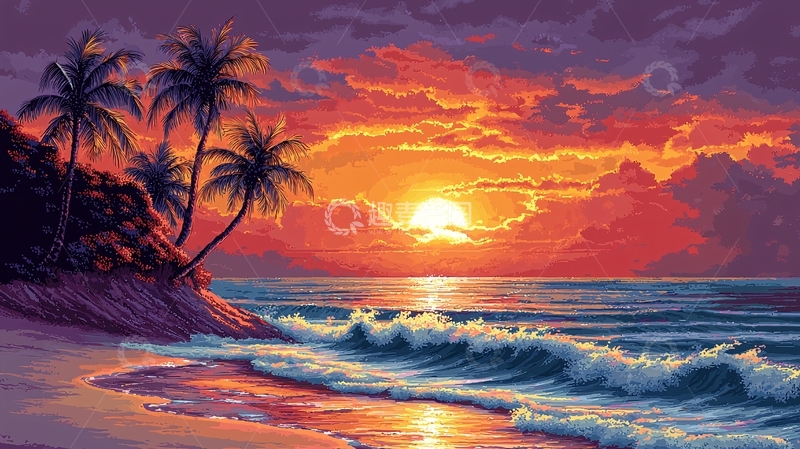 高清大图下载【趣麦麦图】热带海滩日落风景画
