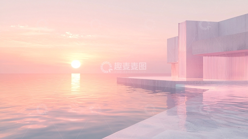 高清大图下载【趣麦麦图】粉色日落海边建筑