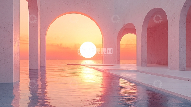 高清大图下载【趣麦麦图】粉色日落拱门建筑