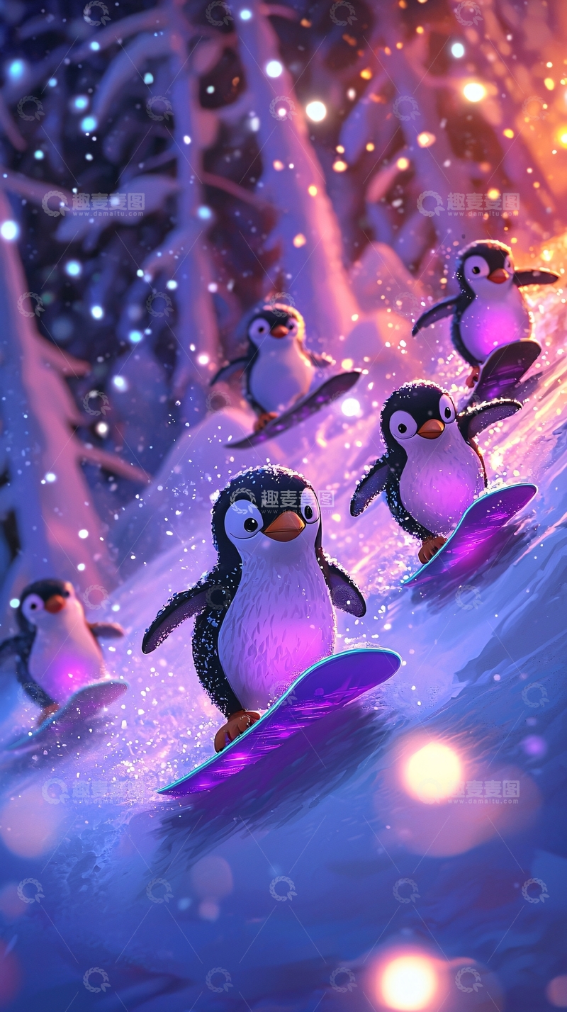 高清大图下载【趣麦麦图】雪地里企鹅滑雪的场景