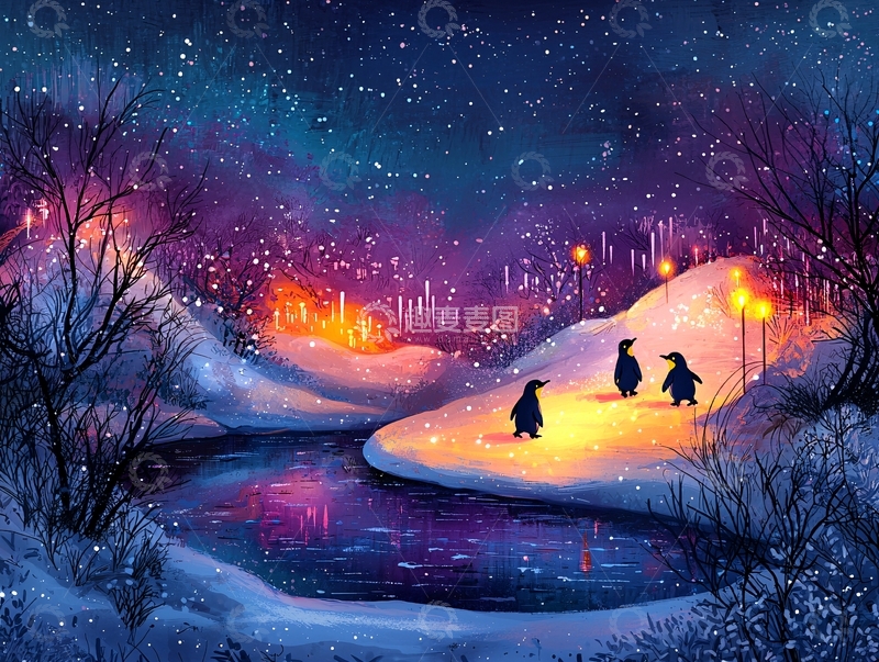 高清大图下载【趣麦麦图】雪夜企鹅