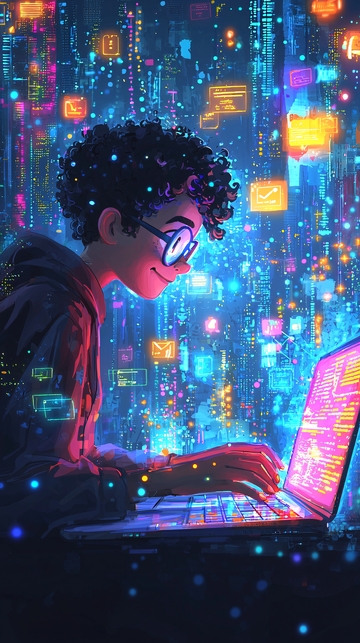 男孩在数字世界编程