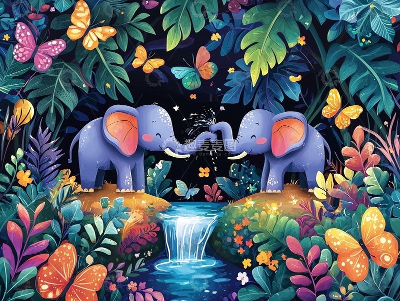 高清大图下载【趣麦麦图】热带雨林中两头大象