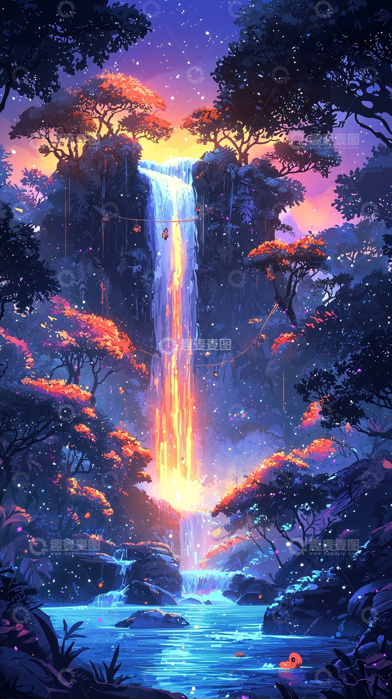 高清大图下载【趣麦麦图】梦幻瀑布森林夜景插画